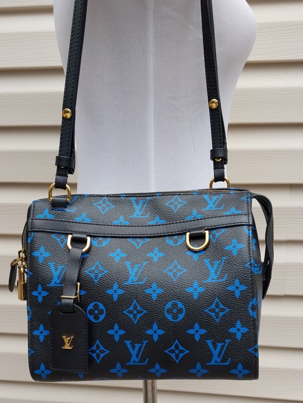 Louis Vuitton Black with Blue Monogram Speedy PM Crossbody Bag